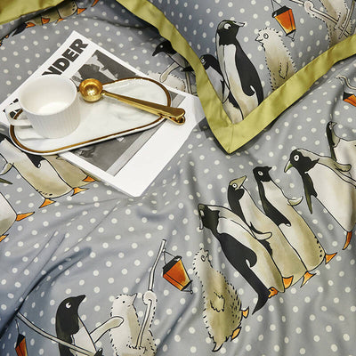 Penguin Print 100% Egyptian Cotton Four Piece Bedding Set