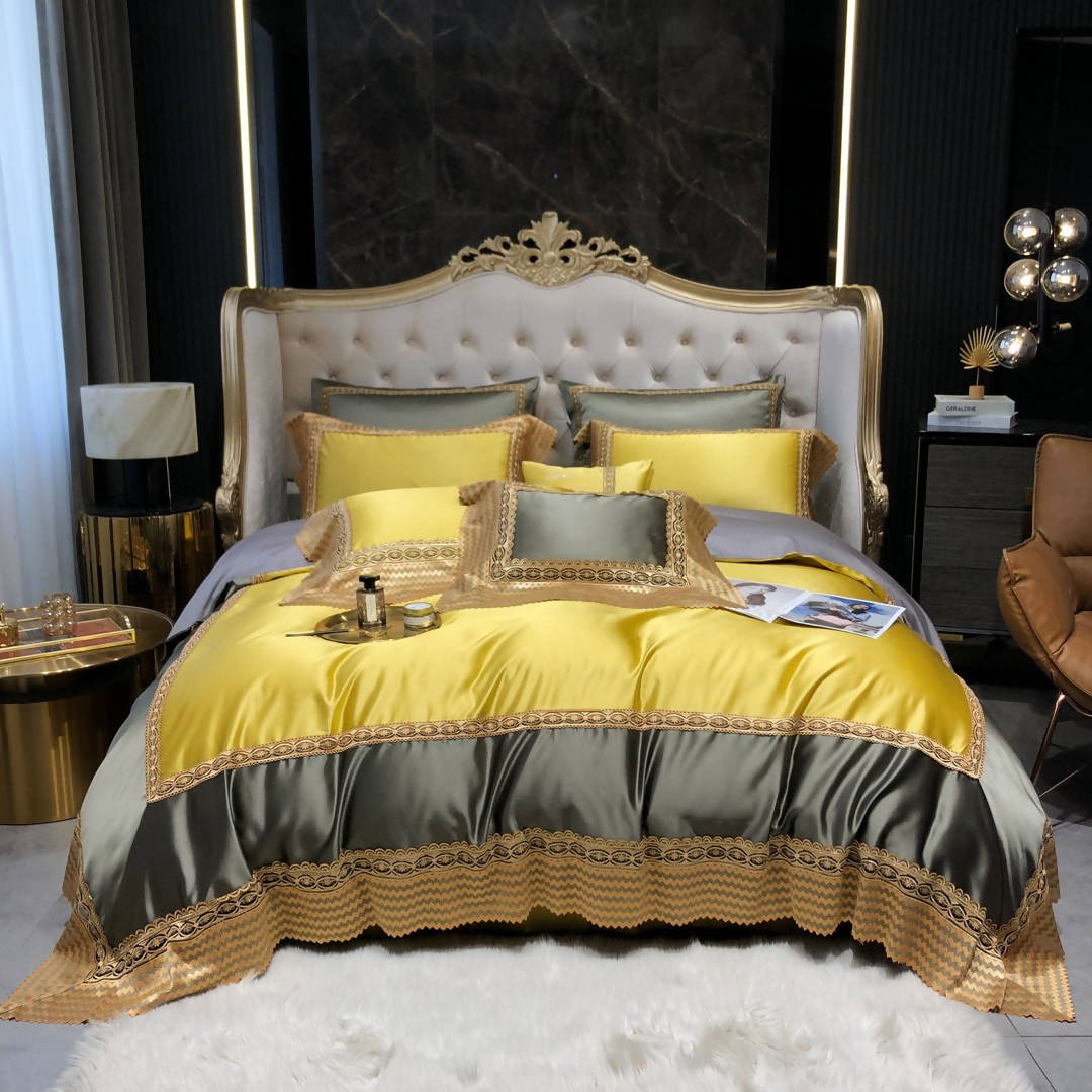 Chloe Yellow Italian Lace Silk Cotton Luxury Bedding Set