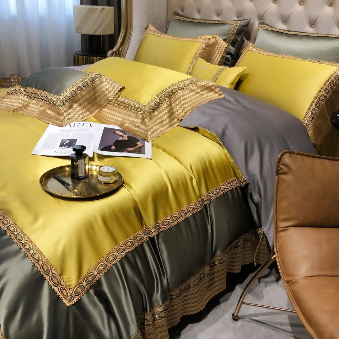 Chloe Yellow Italian Lace Silk Cotton Luxury Bedding Set