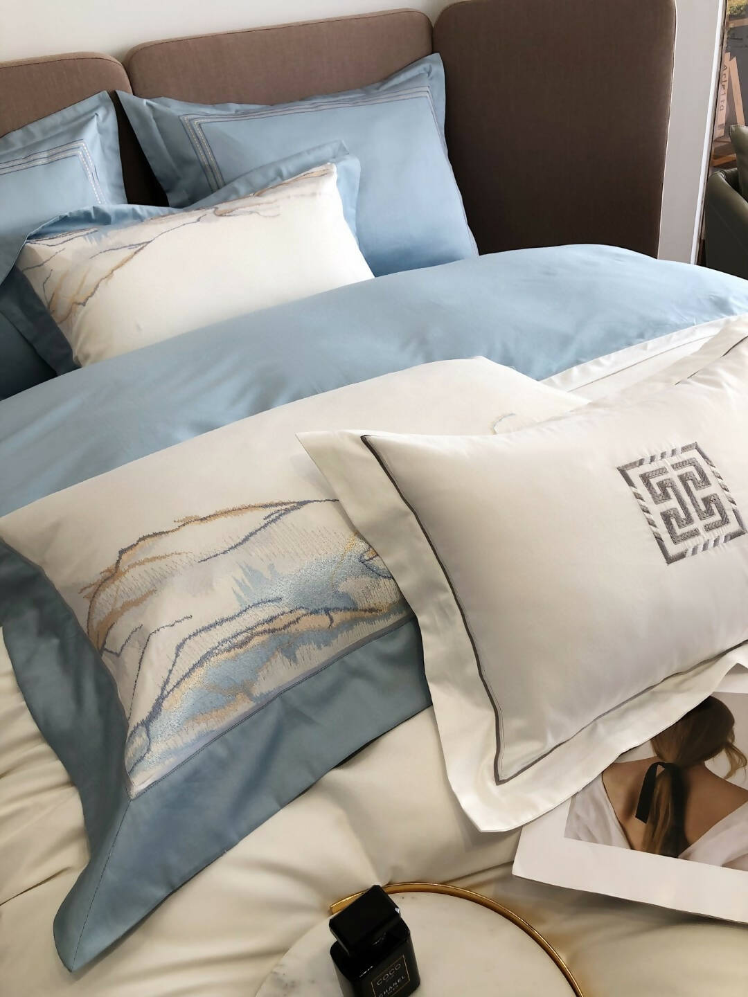 Luxurious Egyptian Cotton Art Embroidery Sky Blue and White Mix Villa Bedding