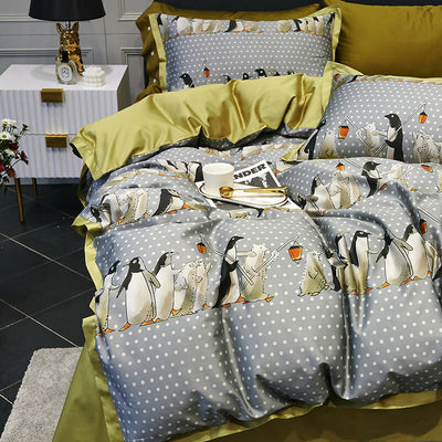 Penguin Print 100% Egyptian Cotton Four Piece Bedding Set