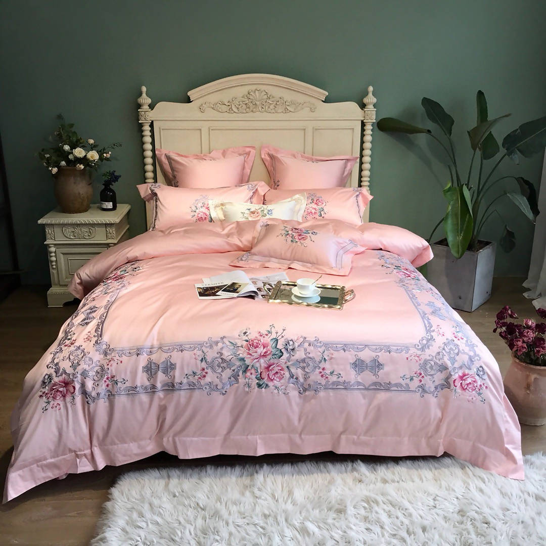 Gustavo Pink Cotton Princess Style Luxury Embroidery Bedding Set