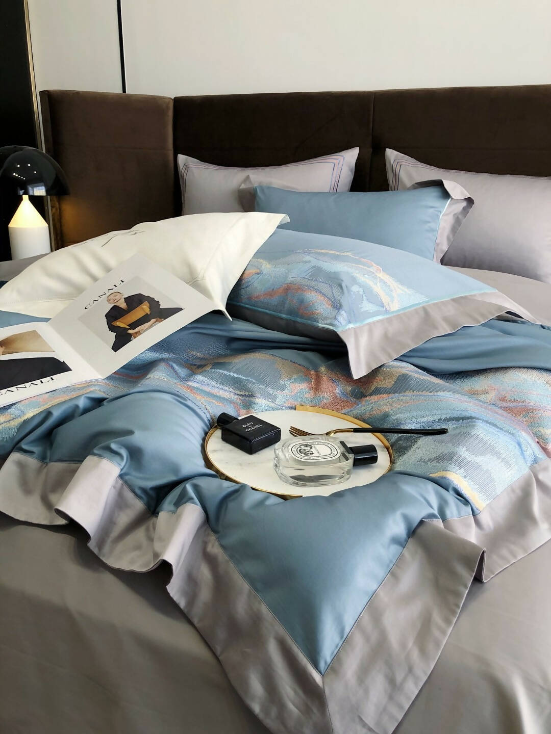 Luxurious Egyptian Cotton Art Embroidery Sky Blue and White Mix Villa Bedding