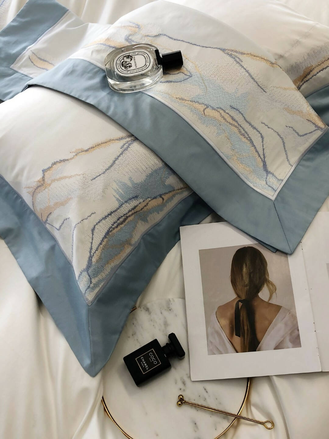 Luxurious Egyptian Cotton Art Embroidery Sky Blue and White Mix Villa Bedding