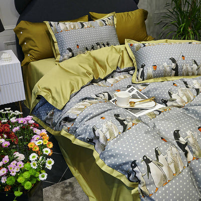 Penguin Print 100% Egyptian Cotton Four Piece Bedding Set