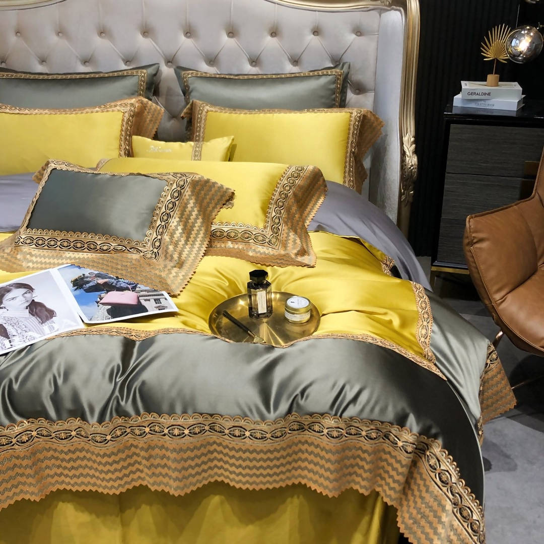 Chloe Yellow Italian Lace Silk Cotton Luxury Bedding Set