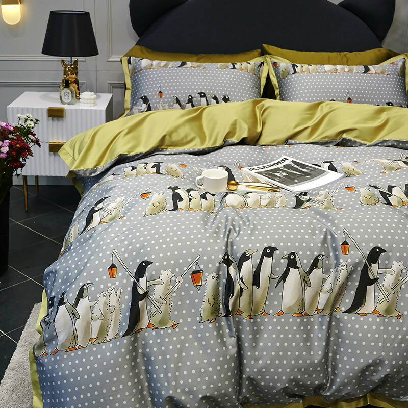 Penguin Print 100% Egyptian Cotton Four Piece Bedding Set