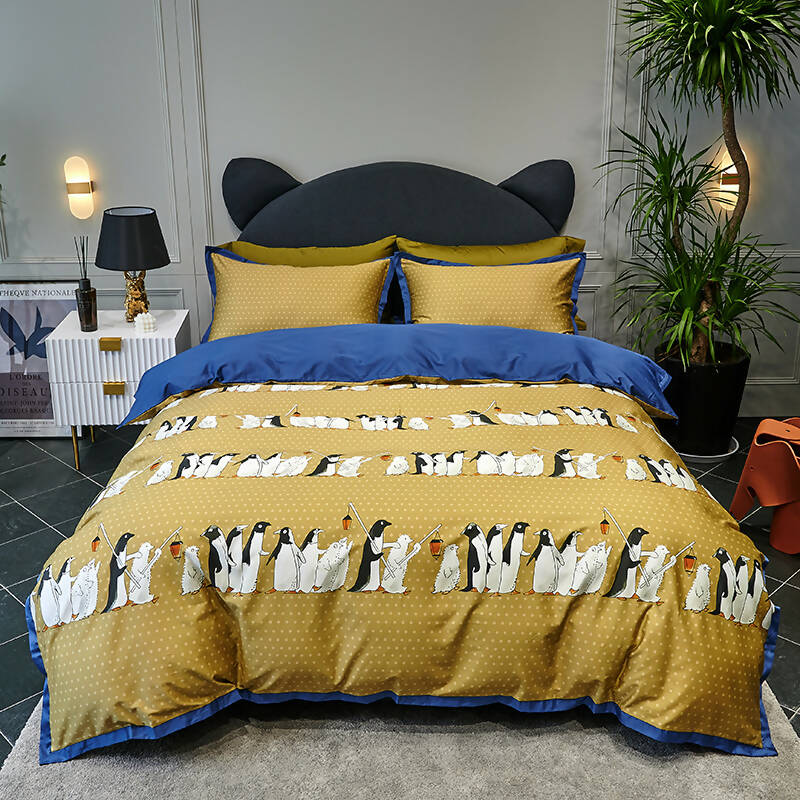 Penguin Print 100% Egyptian Cotton Four Piece Bedding Set