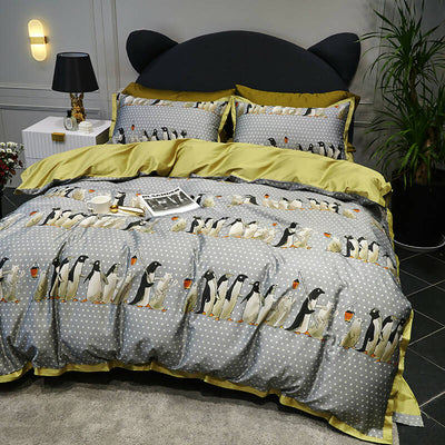 Penguin Print 100% Egyptian Cotton Four Piece Bedding Set