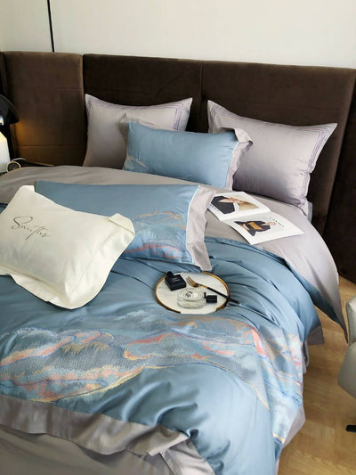 Luxurious Egyptian Cotton Art Embroidery Sky Blue and White Mix Villa Bedding