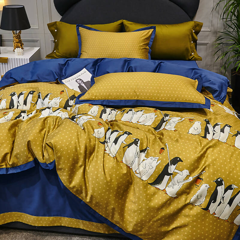 Penguin Print 100% Egyptian Cotton Four Piece Bedding Set