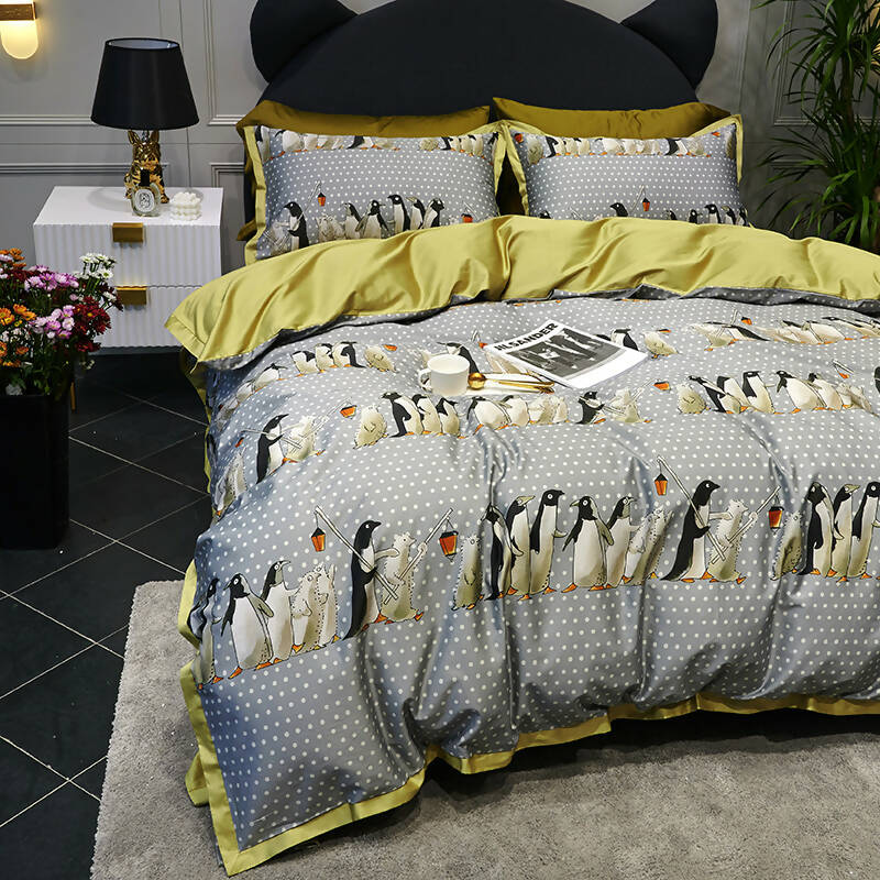 Penguin Print 100% Egyptian Cotton Four Piece Bedding Set