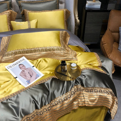 Chloe Yellow Italian Lace Silk Cotton Luxury Bedding Set