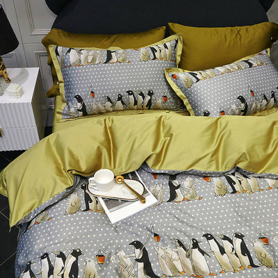 Penguin Print 100% Egyptian Cotton Four Piece Bedding Set