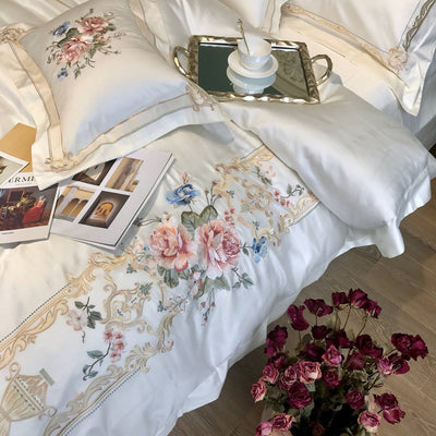 Gustavo White Cotton Princess Style Luxury Embroidery Bedding Set