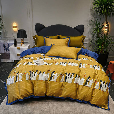 Penguin Print 100% Egyptian Cotton Four Piece Bedding Set