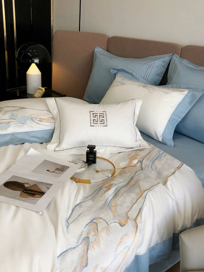 Luxurious Egyptian Cotton Art Embroidery Sky Blue and White Mix Villa Bedding