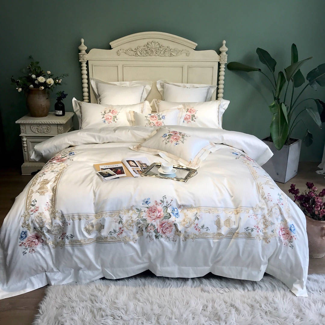 Gustavo White Cotton Princess Style Luxury Embroidery Bedding Set