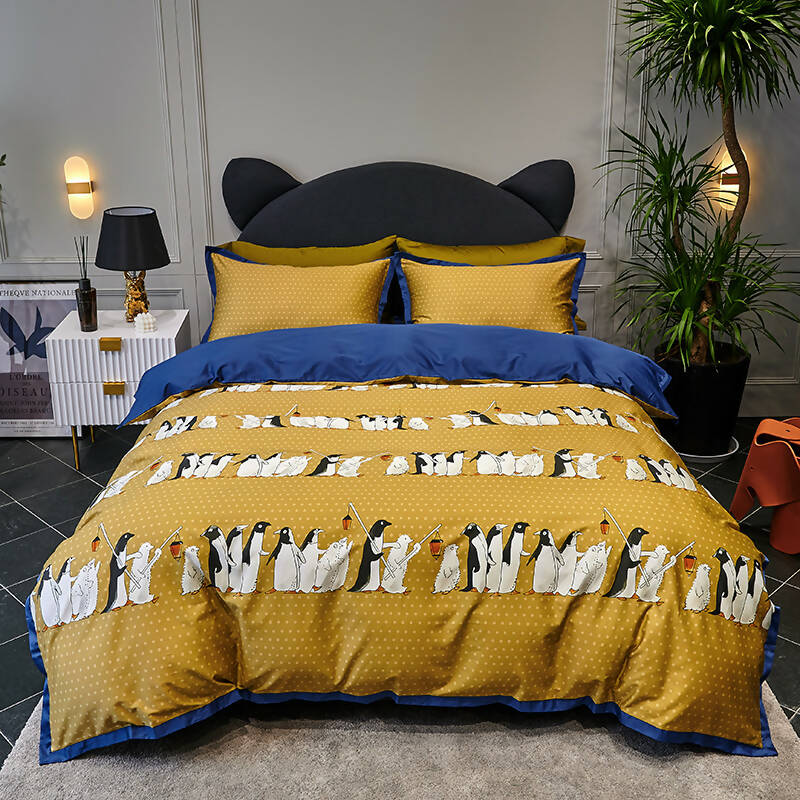 Penguin Print 100% Egyptian Cotton Four Piece Bedding Set