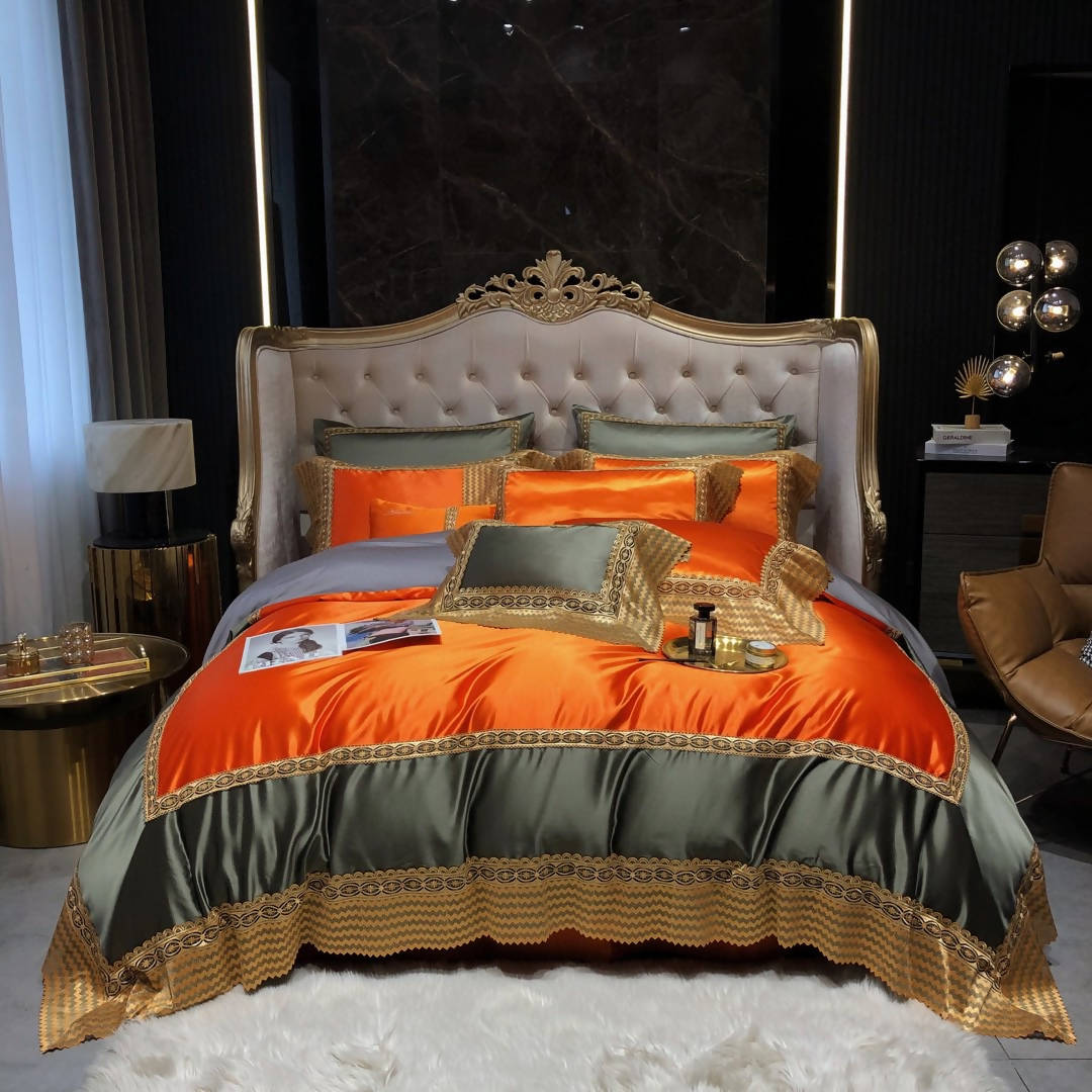 Chloe Orange Italian Lace Silk Cotton Luxury Bedding Set