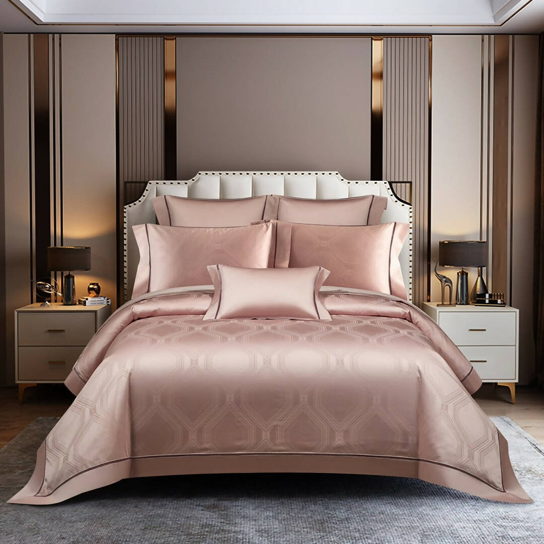 Luxury pink geometric-jacquard cotton bedroom bedding set