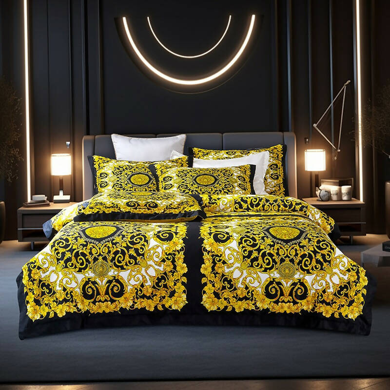 Niccolò Black Golden Luxury Cotton Home Printed Bedding Set