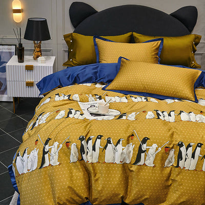 Penguin Print 100% Egyptian Cotton Four Piece Bedding Set