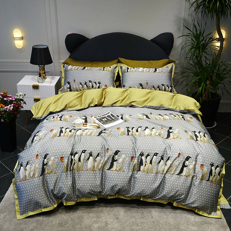 Penguin Print 100% Egyptian Cotton Four Piece Bedding Set