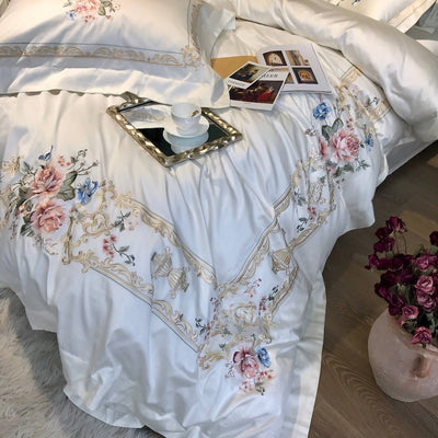 Gustavo White Cotton Princess Style Luxury Embroidery Bedding Set